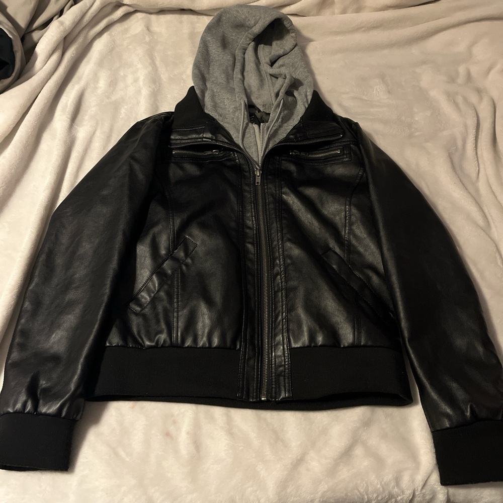 Police Black and Gray Bomber Jacket with Hood